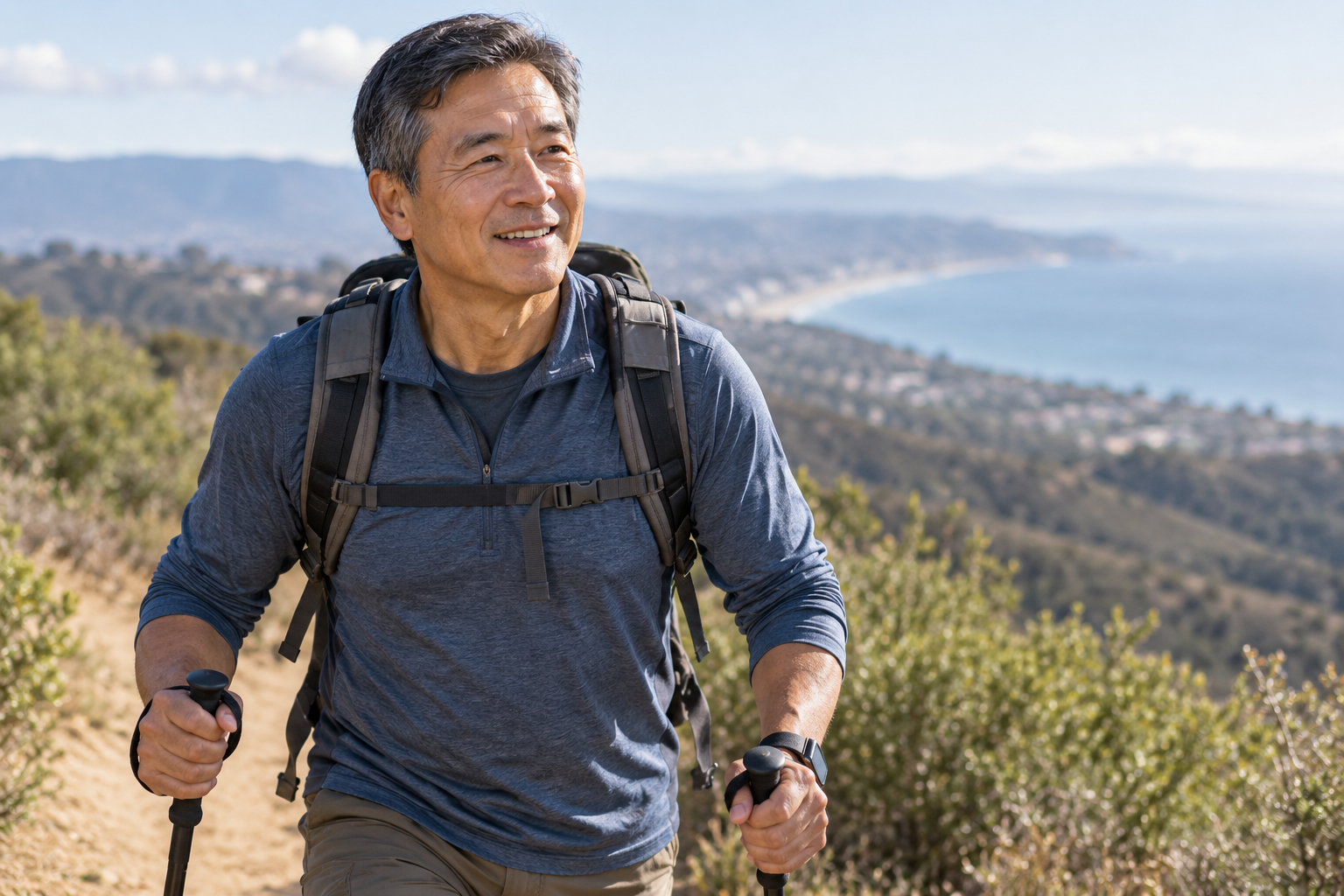 asian man hiking outdoors Mature man hiking outdoors