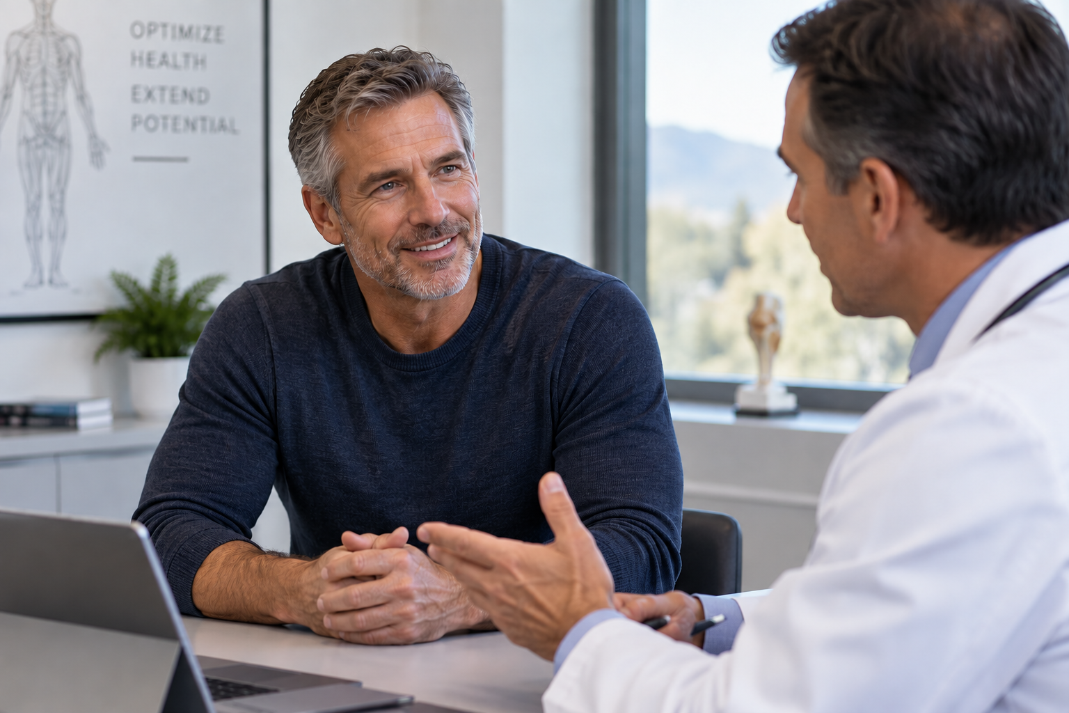 man getting consult Man discussing hormonal health with a medical provider